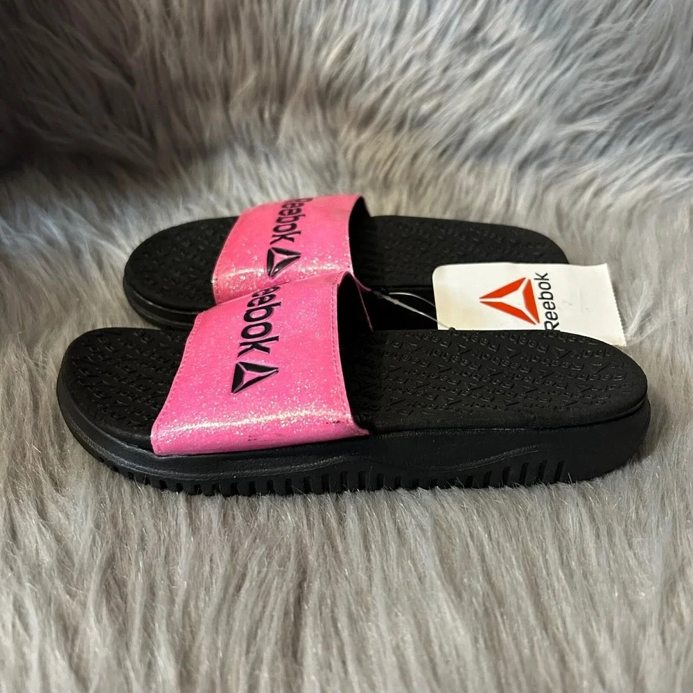 Reebok Slides Girls Size‎ 13 Pink Black Slip On Sandals Shoes Lightweight